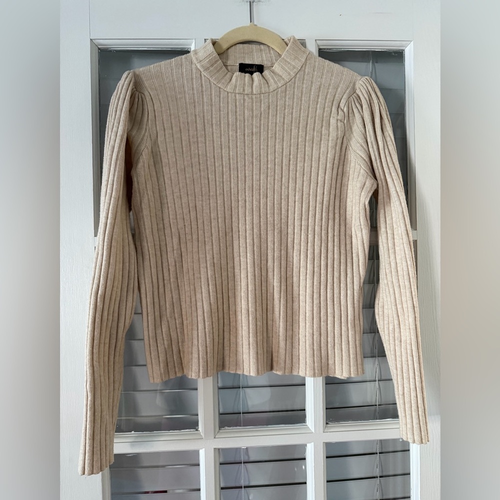 On Twelfth Women’s L Oatmeal Mock Neck Rib Knit Puff Sleeve Sweater |‎ SKU 0129